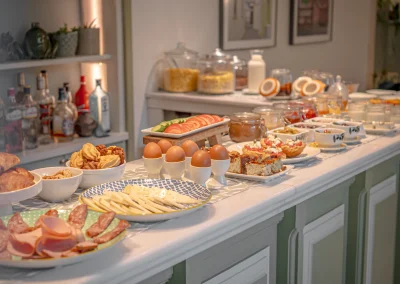 Breakfast buffet with local cheeses, cured meats and fresh eggs
